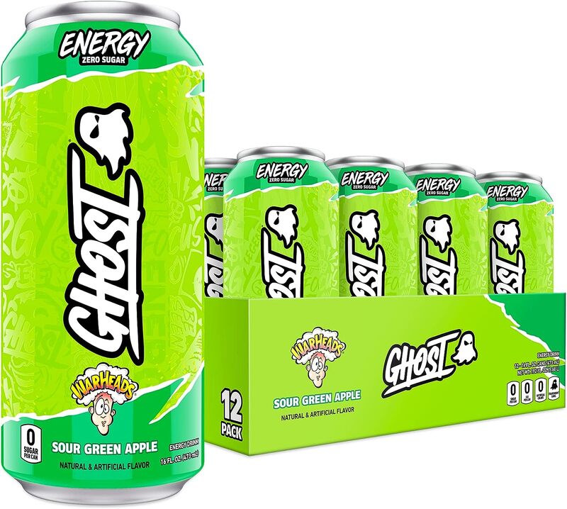 GHOST ENERGY Sugar-Free Pre Workout Drink - 12-Pack, WARHEADS Sour Green Apple, 16oz - Energy & Focus & No Artificial Colors - 200mg of Natural Caffeine, L-Carnitine & Taurine - Soy & Gluten-Free